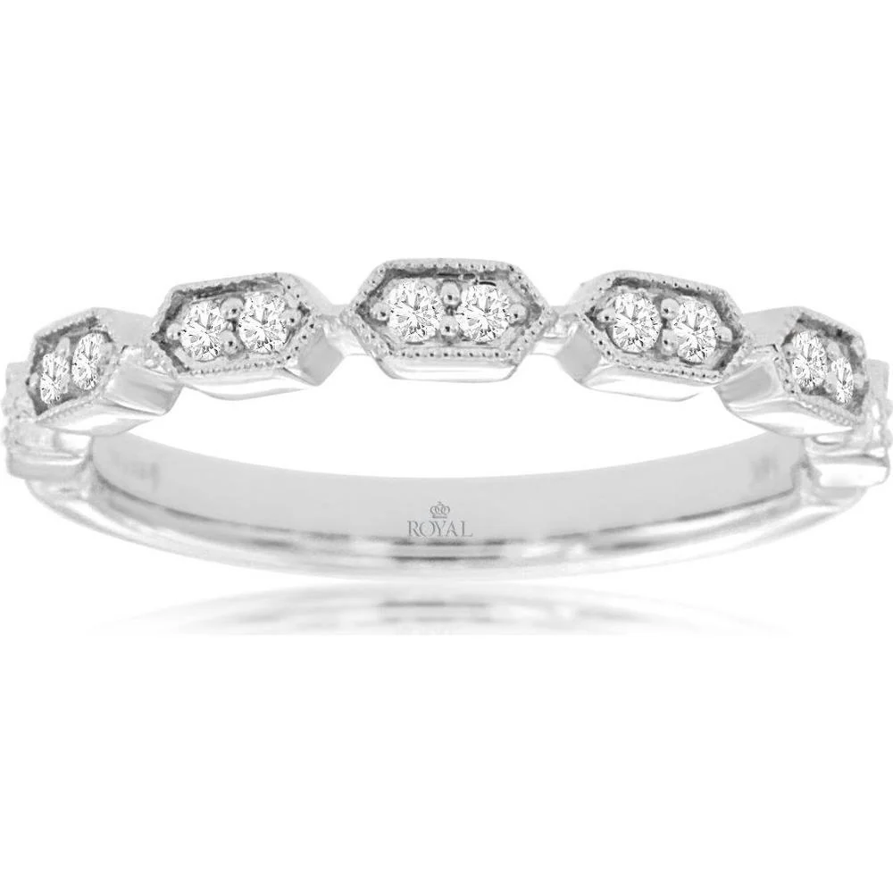 14K White Gold Geometric Station Wedding Band with Hexagonal Milgrain Frames and Round Brilliant Cut Diamonds - 0.17 Carat Total Diamond Weight - Royal Jewelry
