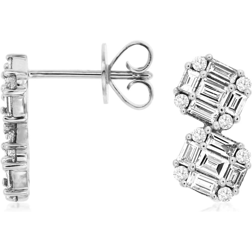 14K White Gold Geometric Stud Earrings with Baguette and Round Diamonds - 0.69 Carat Total Diamond Weight - Royal Jewelry