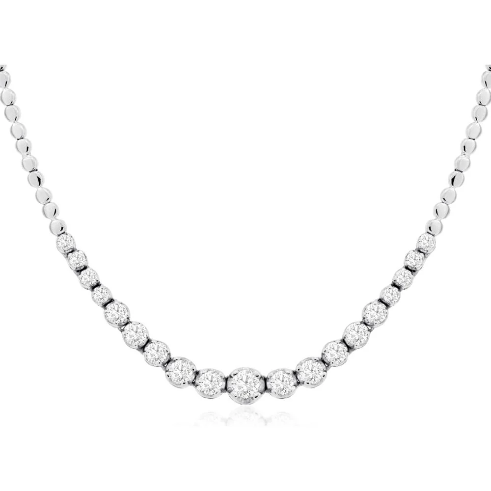14K White Gold Graduated Bezel Set Diamond Necklace - 1.00 Carat Total Weight Round Brilliant Cut - Royal Jewelry