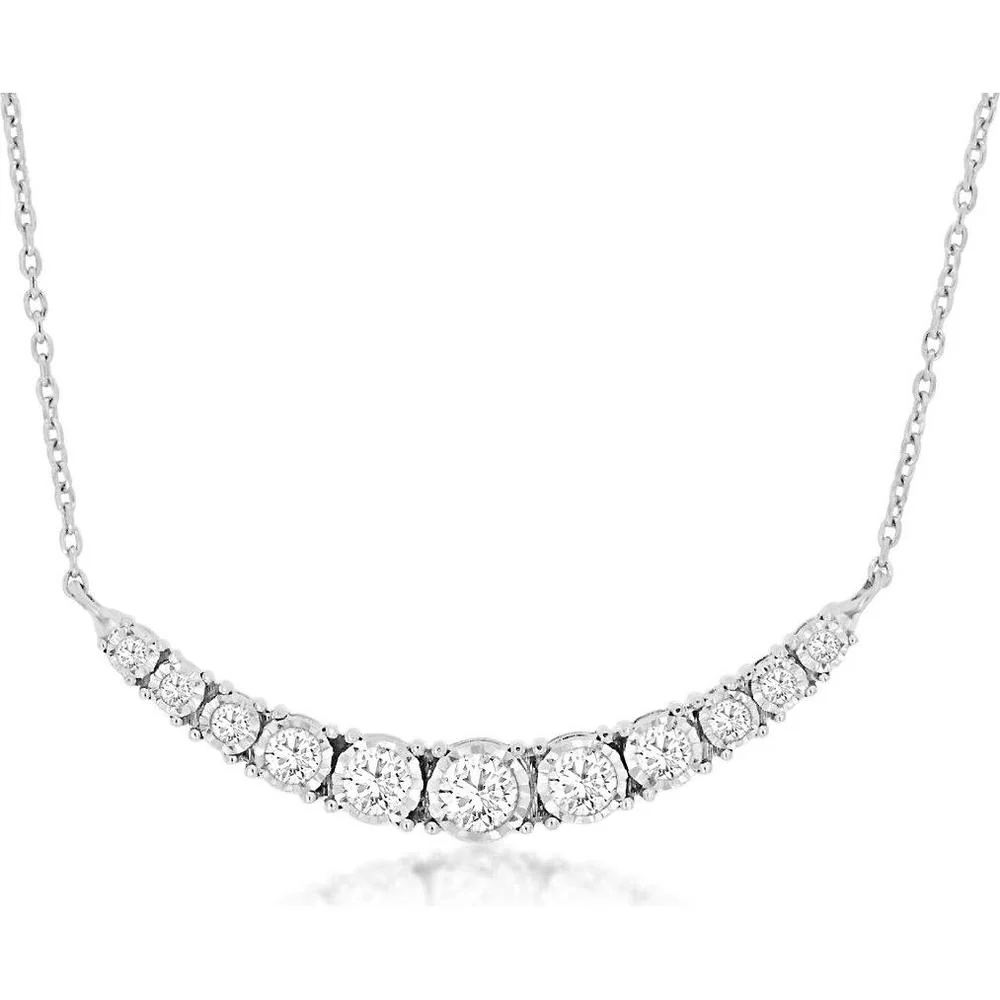 14K White Gold Graduated Curved Bar Diamond Necklace with 11 Round Brilliant Cut Diamonds - 0.33 Carat Total Diamond Weight - Royal Jewelry