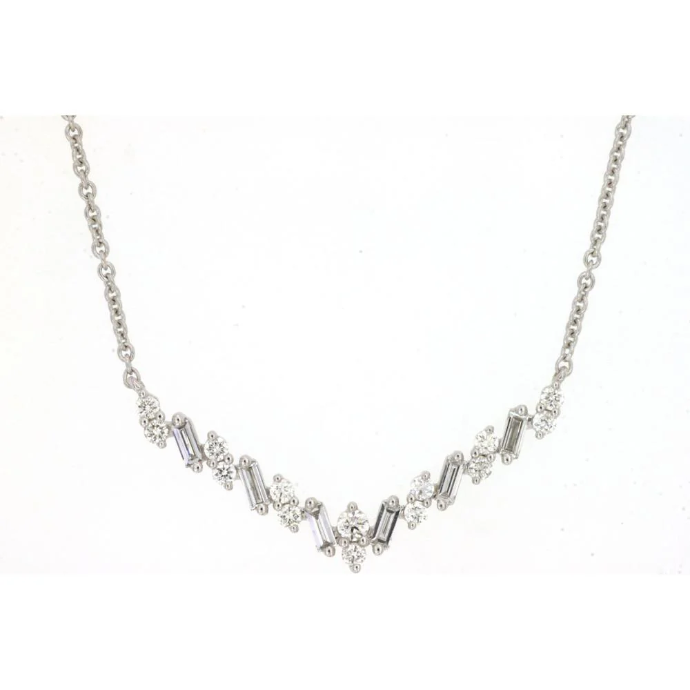 14K White Gold Graduated Diamond Necklace with Alternating Round and Baguette Diamonds - 0.34 Carat Total Diamond Weight - Royal Jewelry