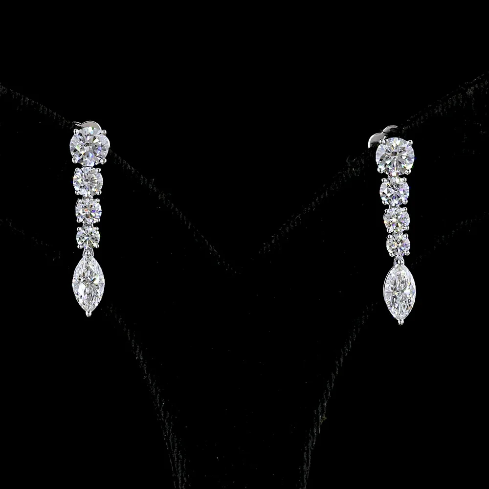 14K White Gold Graduated Drop Earrings with Round and Marquise Cut Lab Diamonds - 2.96 Carats Total Diamond Weight - Covaloro Fine Jewelry