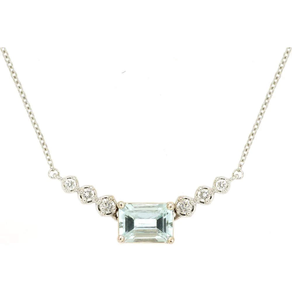 14K White Gold Graduated Milgrain Necklace with 0.87 Carat Step-Cut Aquamarine and 0.14 Carat Bezel-Set Diamond Accents - Royal Jewelry