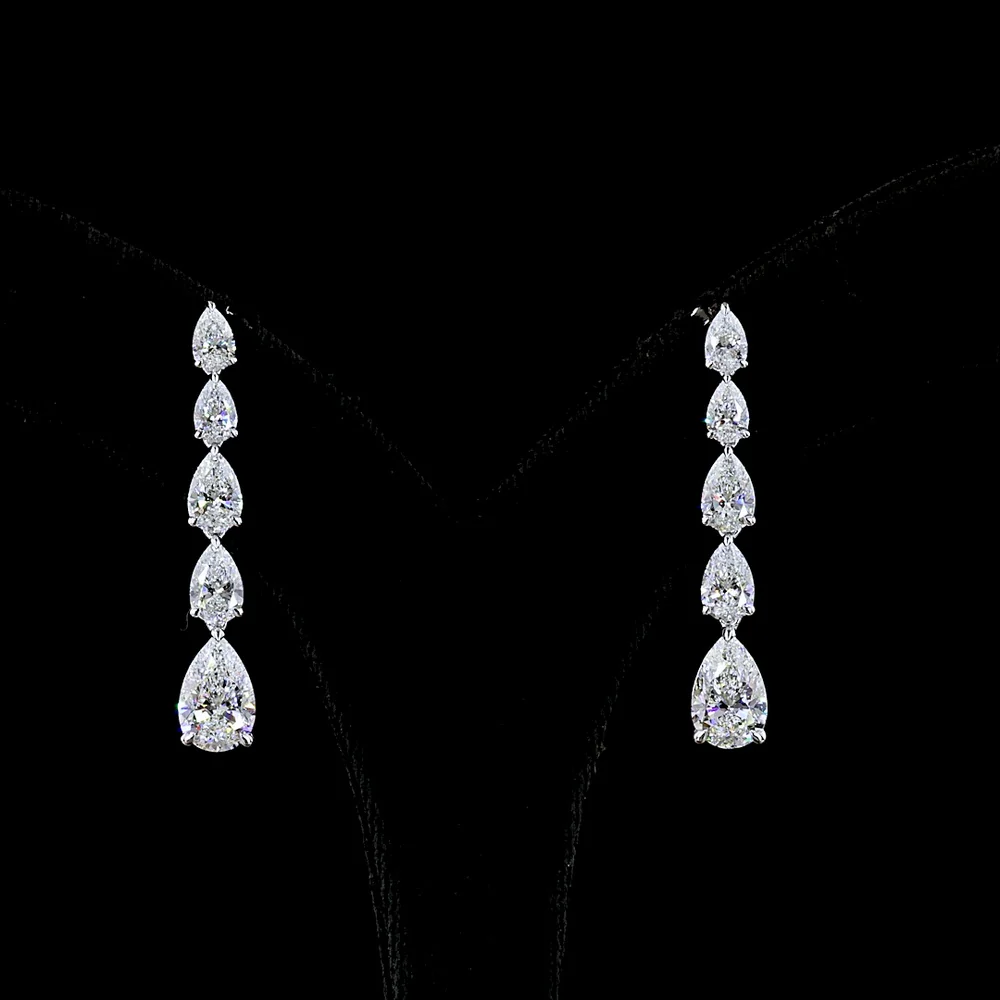 14K White Gold Graduated Pear Shape Lab Diamond Drop Earrings with Prong Setting - 6.15 Carat Total Diamond Weight - Covaloro Fine Jewelry