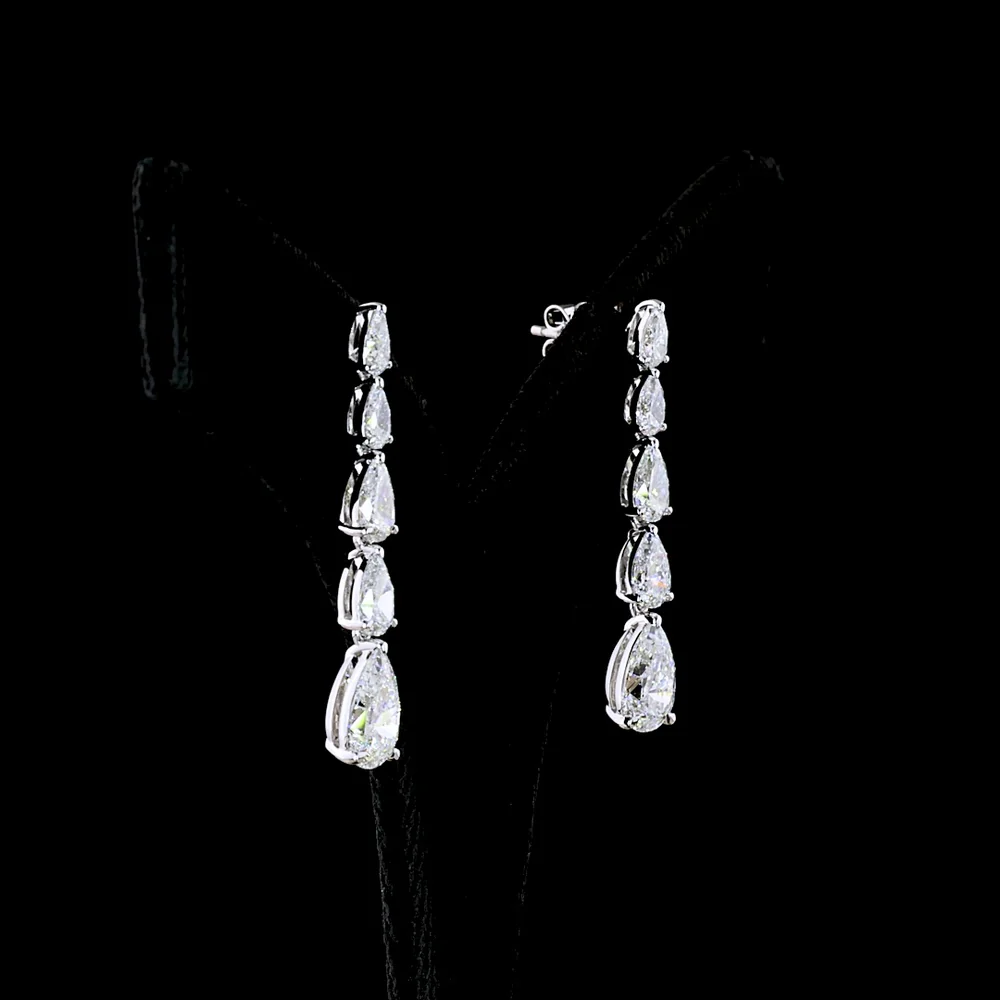 14K White Gold Graduated Pear Shape Lab Diamond Drop Earrings with Prong Setting - 6.15 Carat Total Diamond Weight - Covaloro Fine Jewelry - Image 3