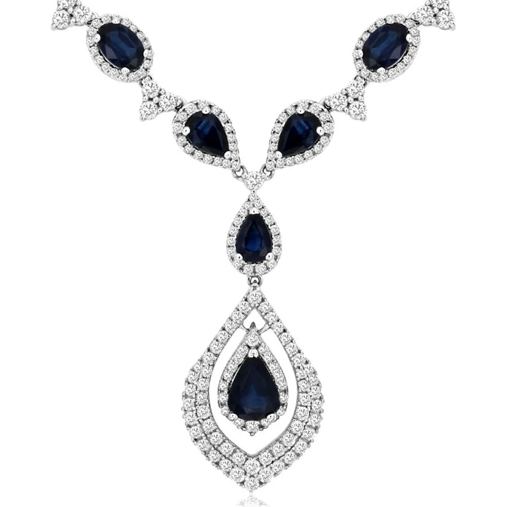 14K White Gold Graduated Pear-Shape Sapphire and Double-Halo Diamond Necklace - 12.00 Carat Total Sapphire Weight, 4.00 Carat Total Diamond Weight - Royal Jewelry