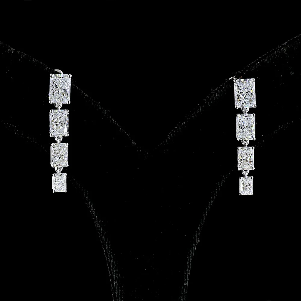 14K White Gold Graduated Radiant Cut Lab Diamond Hanging Drop Earrings - 4.01 Carats Total Diamond Weight - Covaloro Fine Jewelry