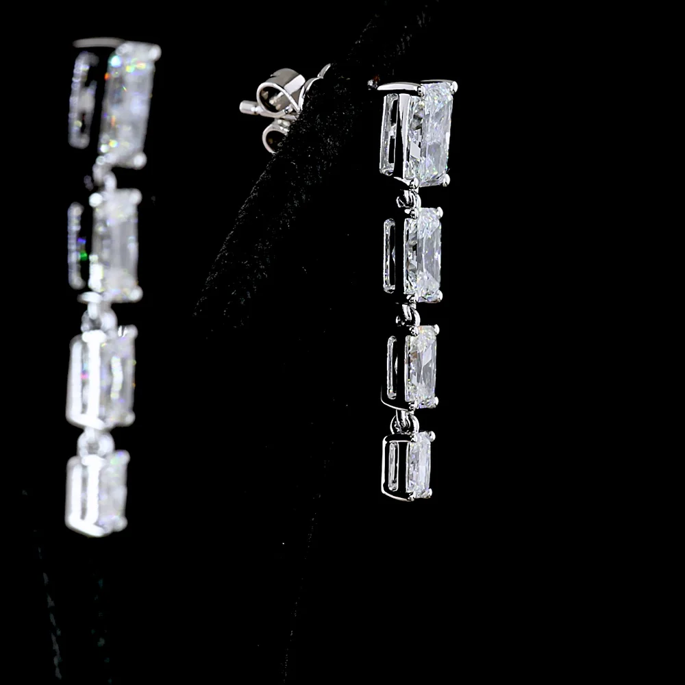 14K White Gold Graduated Radiant Cut Lab Diamond Hanging Drop Earrings - 4.01 Carats Total Diamond Weight - Covaloro Fine Jewelry - Image 4