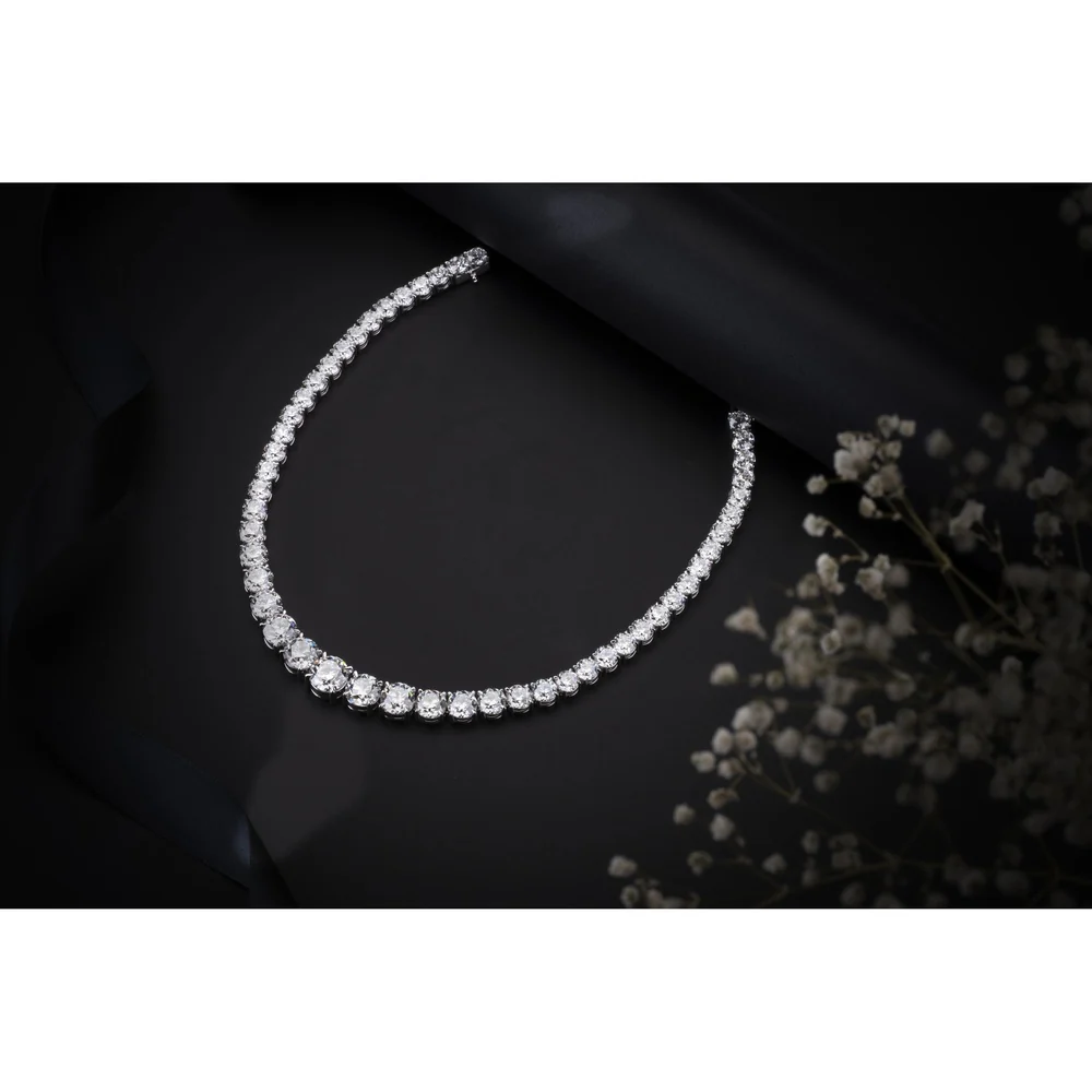 14K White Gold Graduated Riviera Necklace with 49 Old European Cut Lab Diamonds - 106.41 Carats Total Weight, Featuring a 7.17 Carat Center Stone - Covaloro Fine Jewelry - Image 3