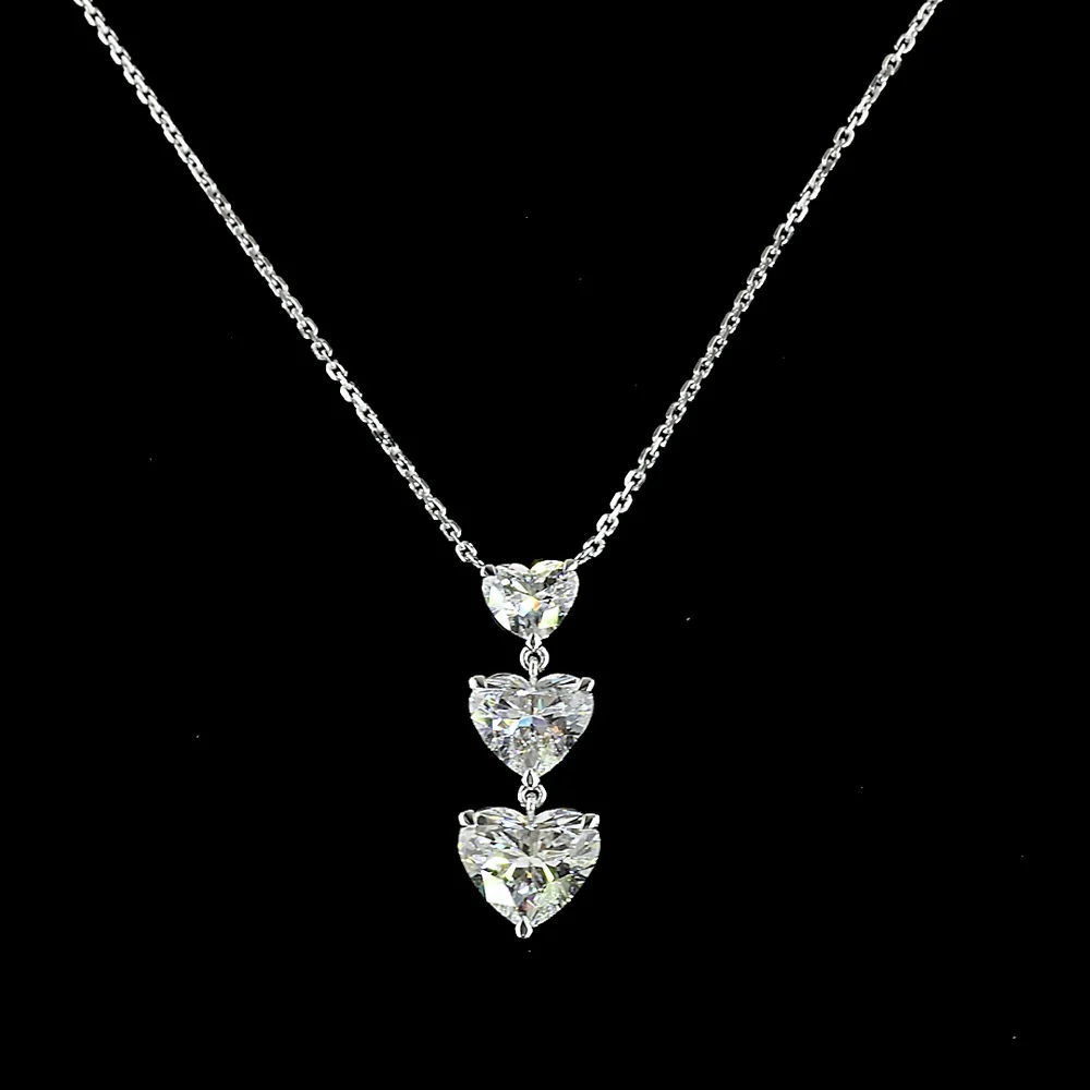 14K White Gold Graduated Three-Stone Heart Shaped Lab Diamond Pendant - 2.99 Carat Total Weight, E-VS1 Clarity - Covaloro Fine Jewelry
