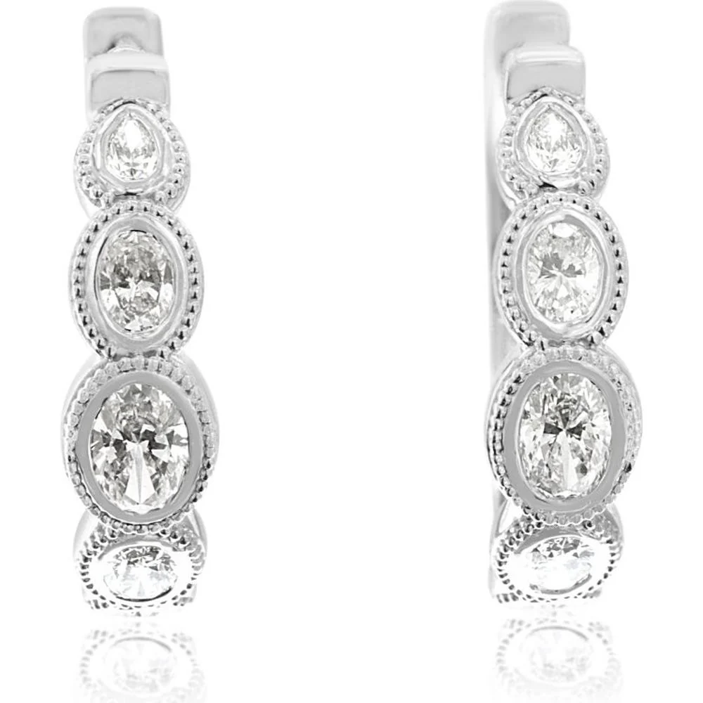 14K White Gold Graduating Diamond Hoop Earrings with Pear and Oval Bezel Set Milgrain Details - 1.45 Carat Total Diamond Weight - Royal Jewelry