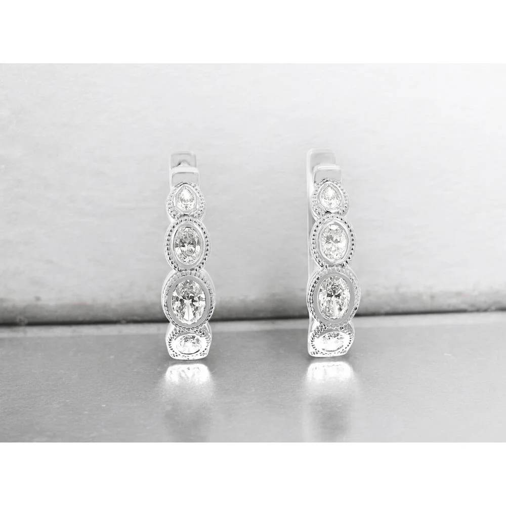 14K White Gold Graduating Diamond Hoop Earrings with Pear and Oval Bezel Set Milgrain Details - 1.45 Carat Total Diamond Weight - Royal Jewelry - Image 2