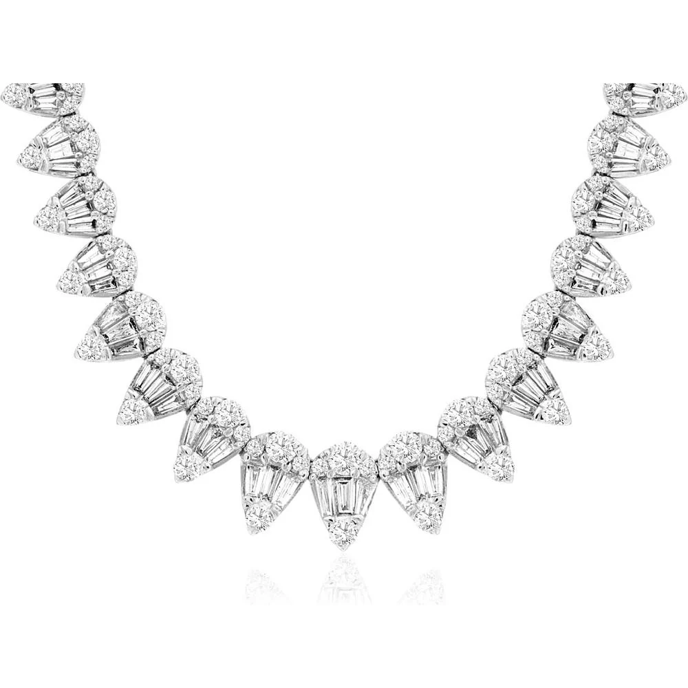 14K White Gold Graduating Geometric Cluster Necklace with Baguette and Round Diamonds - 4.00 Carat Total Diamond Weight - Royal Jewelry