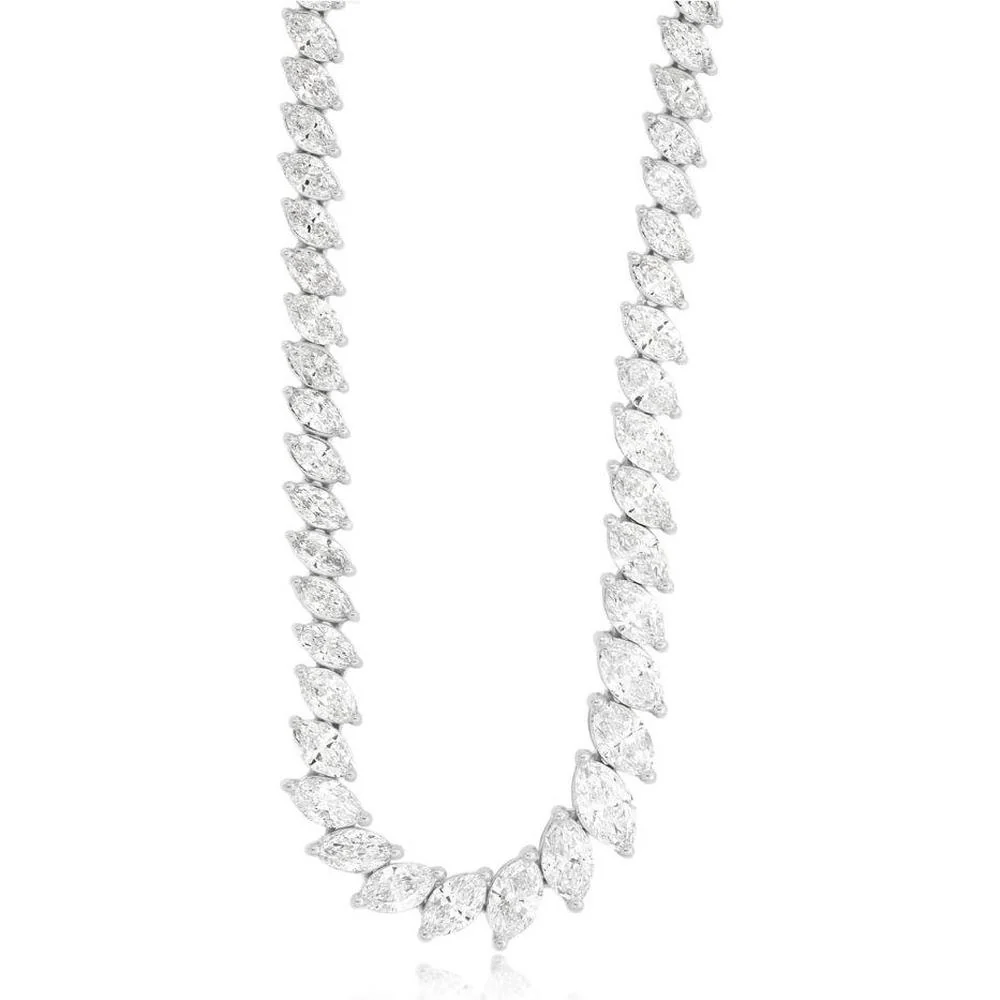 14K White Gold Graduating Marquise Diamond Tennis Necklace - 7 Carat Total Diamond Weight - Royal Jewelry