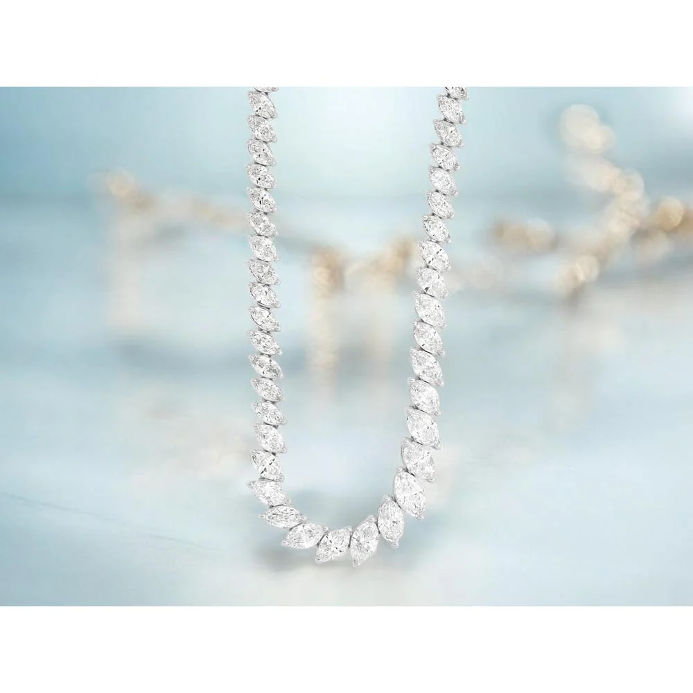 14K White Gold Graduating Marquise Diamond Tennis Necklace - 7 Carat Total Diamond Weight - Royal Jewelry - Image 2