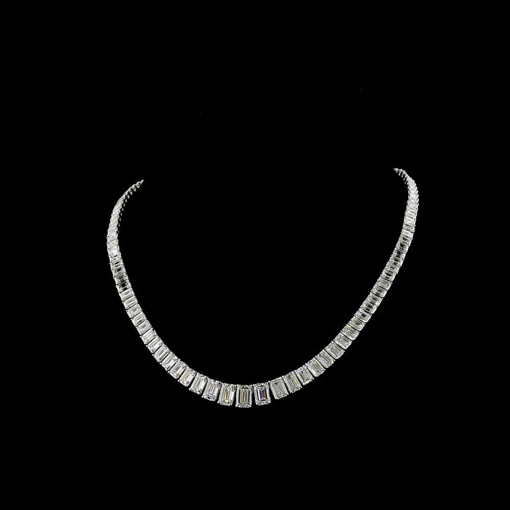 14K White Gold Graduating Riviera Necklace with 104 Emerald Cut Lab Diamonds - 47.16 Carat Total Weight Featuring a 1.74 Carat Center Stone - Covaloro Fine Jewelry