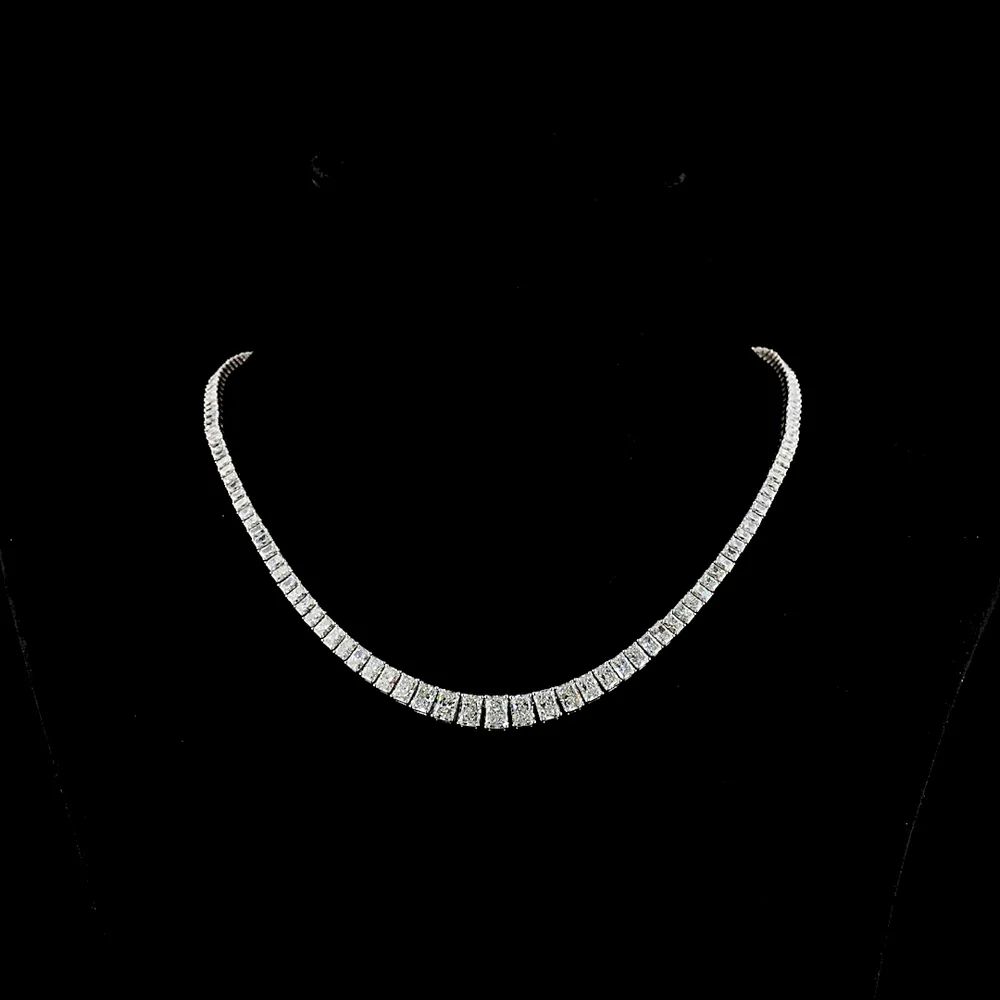14K White Gold Graduating Riviera Necklace with 148 Radiant Cut Lab Diamonds - 19.66 Carat Total Weight, E-F Color VS2 Clarity - Covaloro Fine Jewelry