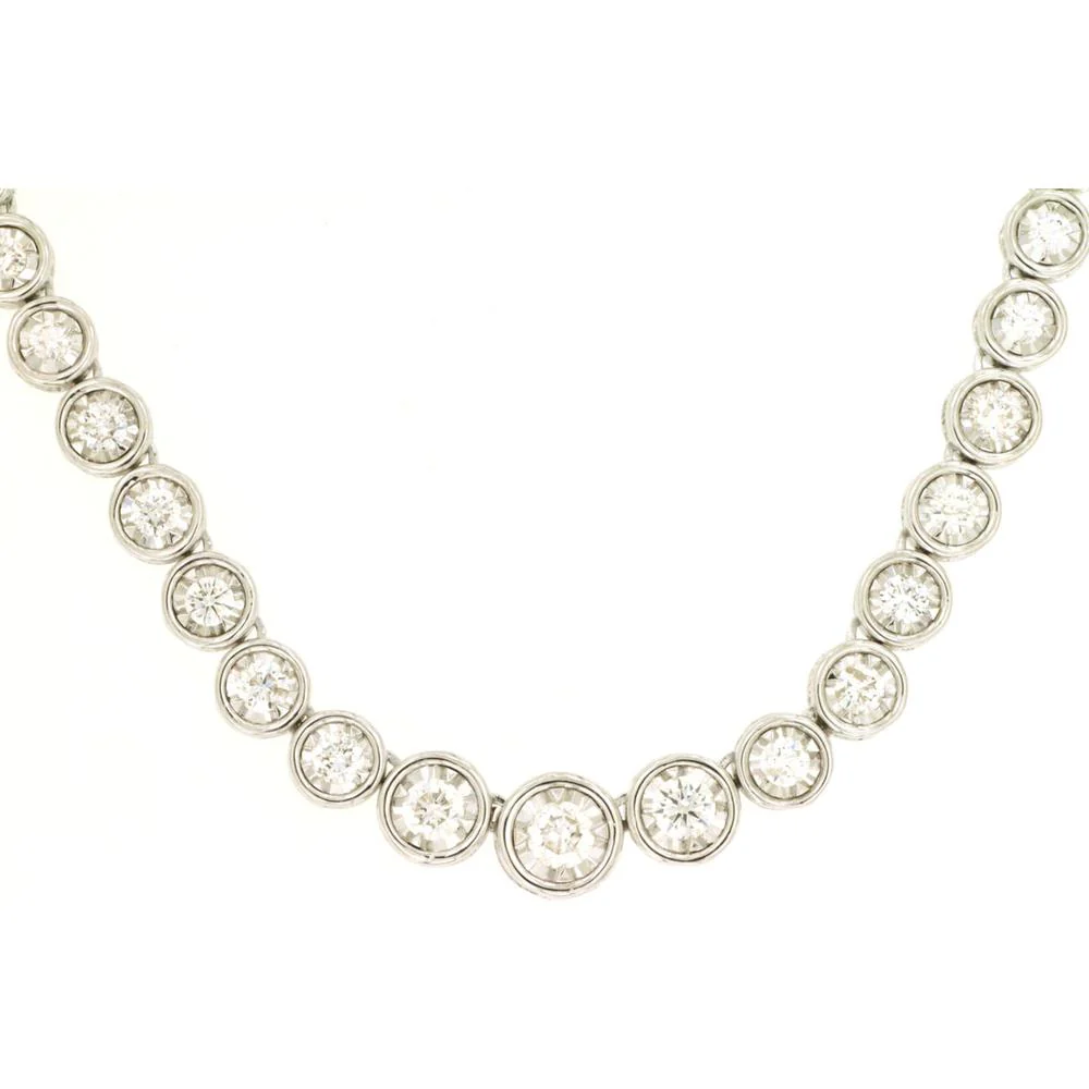 14K White Gold Graduating Station Necklace with Bezel-Style Round Diamonds - 3.00 Carat Total Diamond Weight - Royal Jewelry