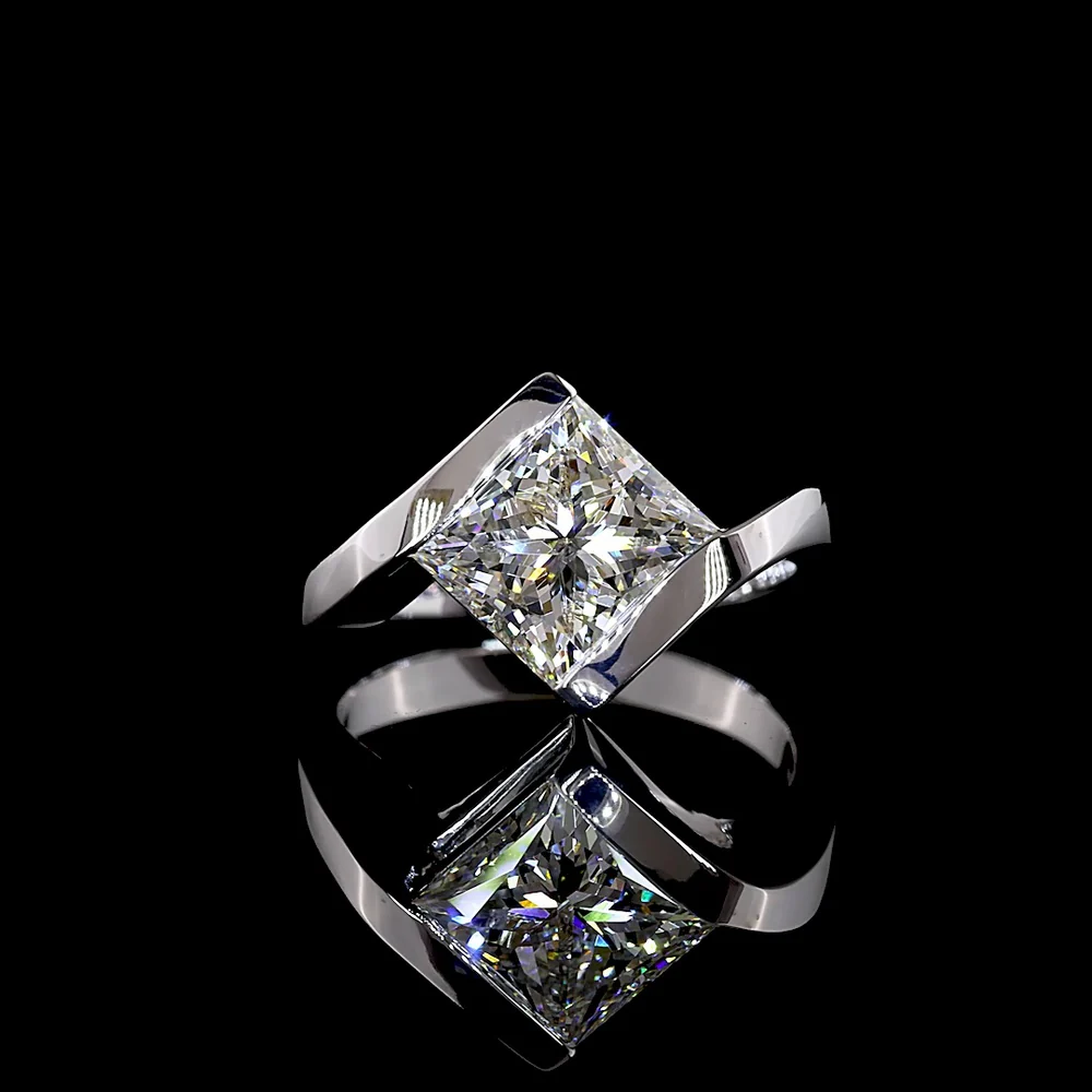 14K White Gold Half Bezel Set Princess Cut Lab Diamond Solitaire Ring - 3.02 Carat F VS1 Total Diamond Weight - Covaloro Fine Jewelry