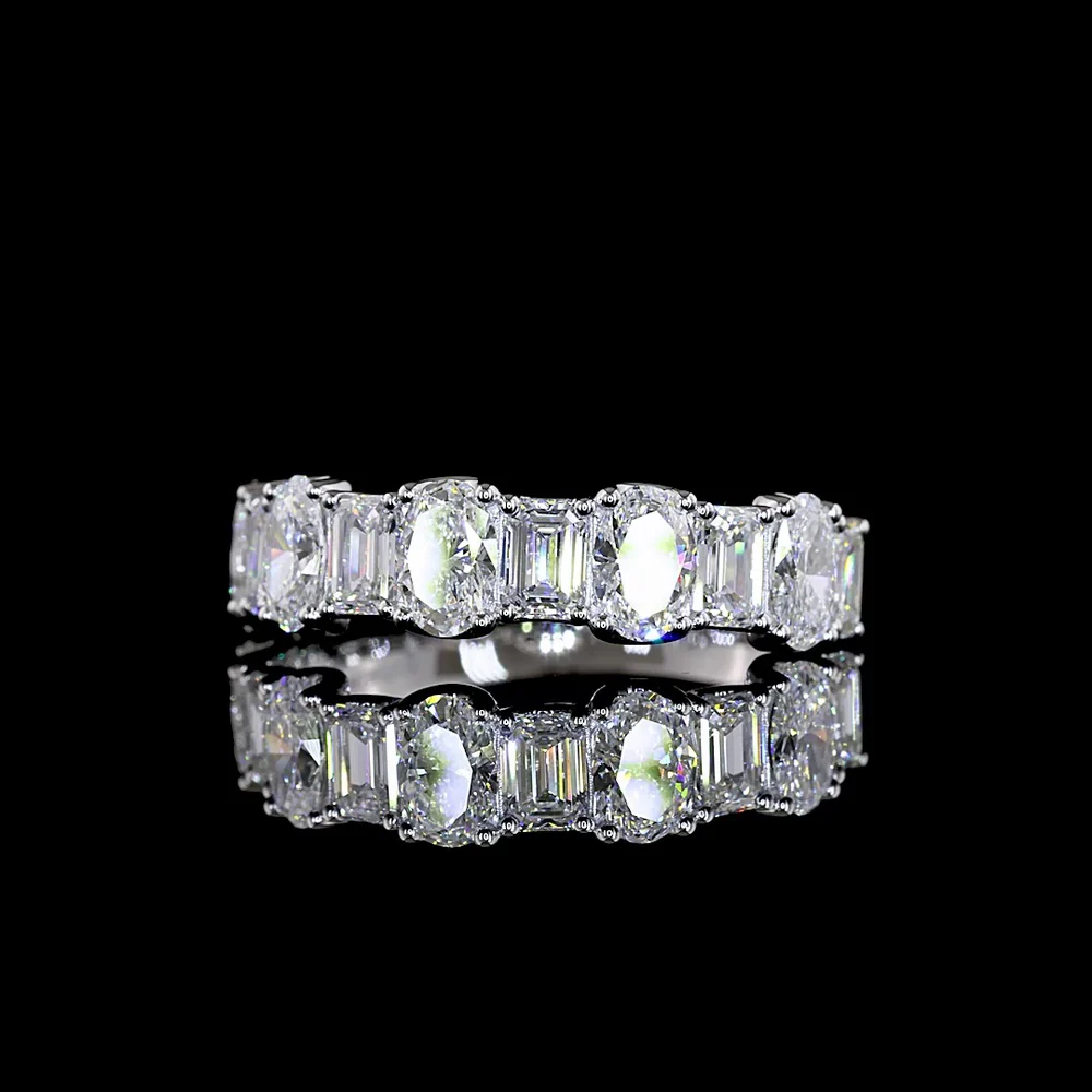 14K White Gold Half Eternity Band with Alternating Oval and Emerald Cut Lab Diamonds - 2.22 Carat Total Weight, E-F VS1 - Covaloro Fine Jewelry