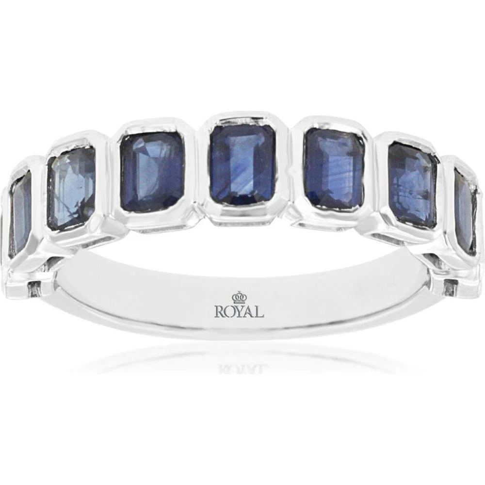14K White Gold Half-Eternity Band with Bezel Set Emerald Cut Blue Sapphires - 2.50 Carat Total Weight - Royal Jewelry