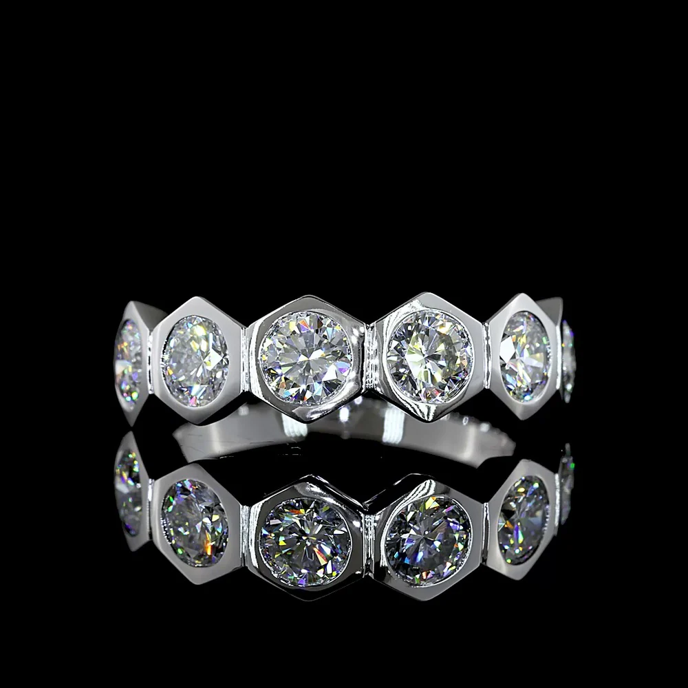 14K White Gold Half Eternity Band with Hexagonal Bezel Set Round Lab Diamonds - 1.82 Total Carat Weight, 6 Stones - Covaloro Fine Jewelry