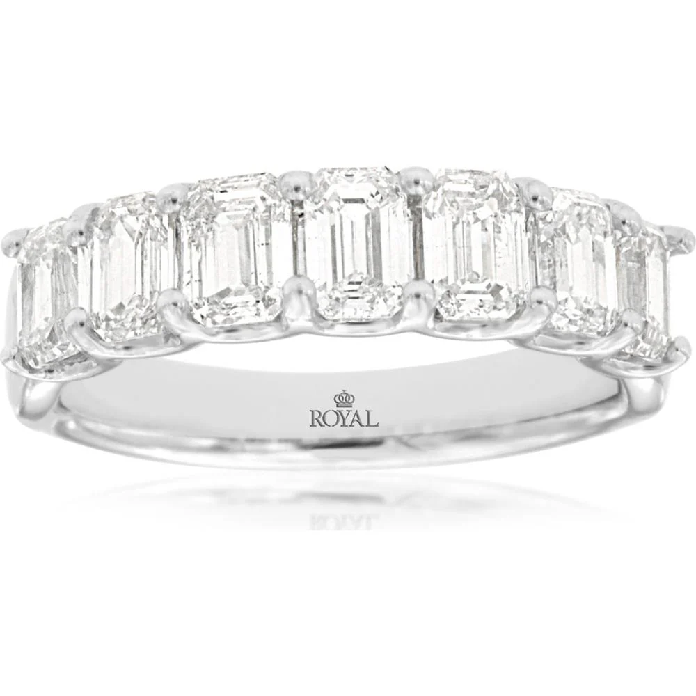 14K White Gold Half-Eternity Wedding Band with Shared-Prong Set Emerald Cut Diamonds - 2.20 Carat Total Diamond Weight - Royal Jewelry