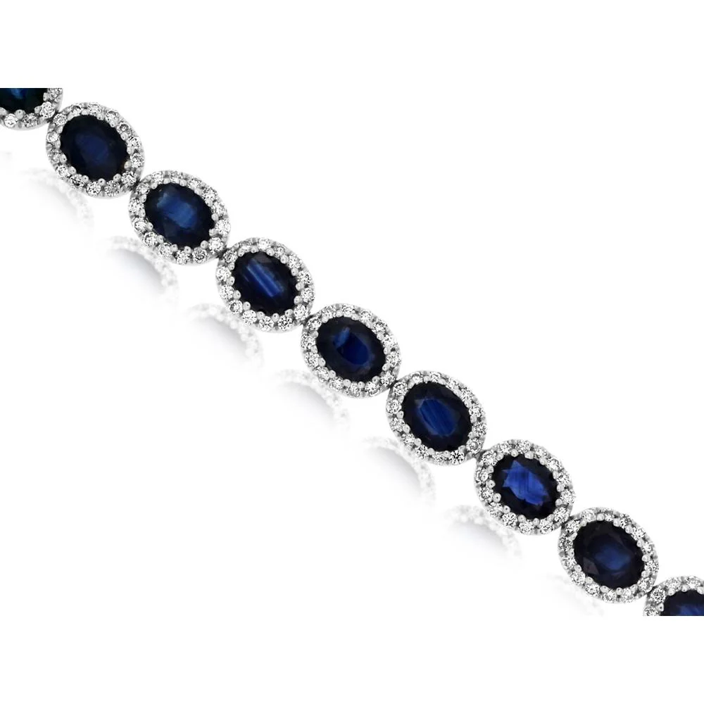 14K White Gold Halo Bracelet with Oval Sapphires and Round Diamonds - 7.20 Carat Sapphire and 1.20 Carat Diamond Total Weight - Royal Jewelry
