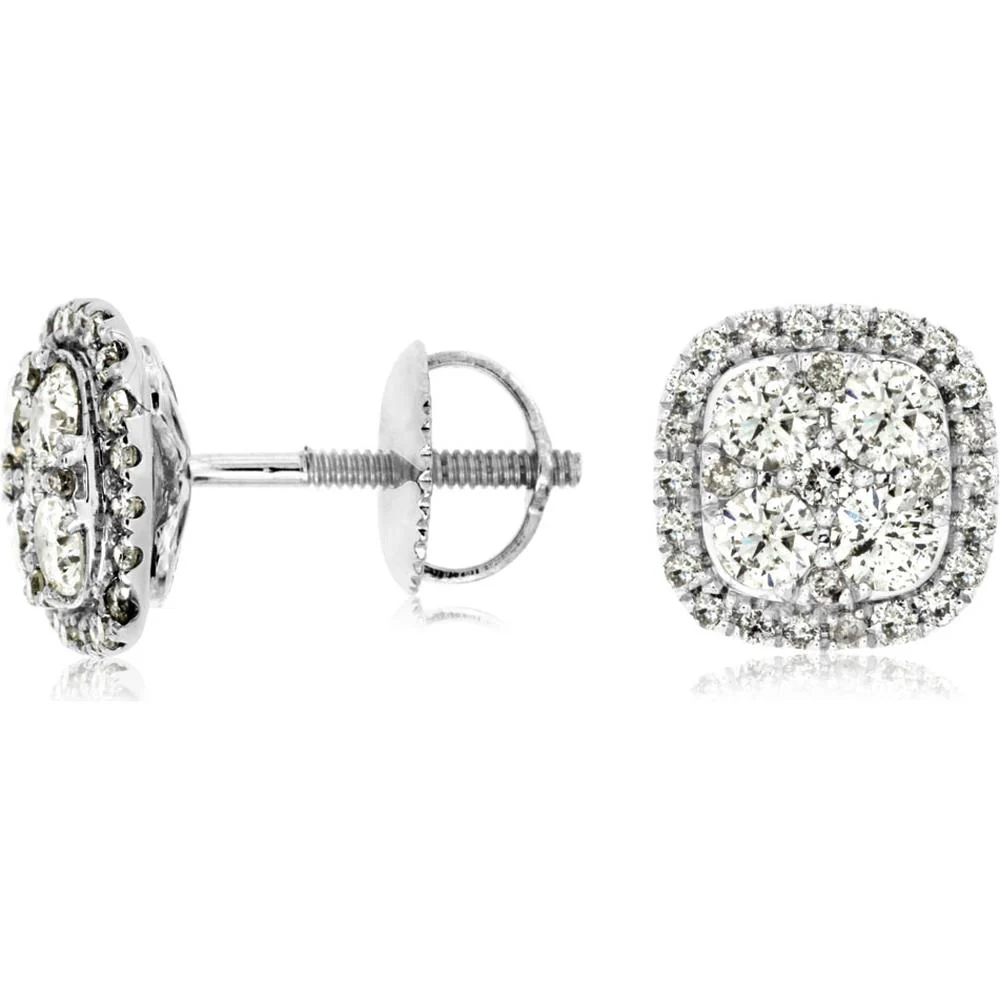 14K White Gold Halo Cluster Diamond Stud Earrings with Milgrain Detail and Screw Backs - 1.00 Carat Total Diamond Weight - Royal Jewelry