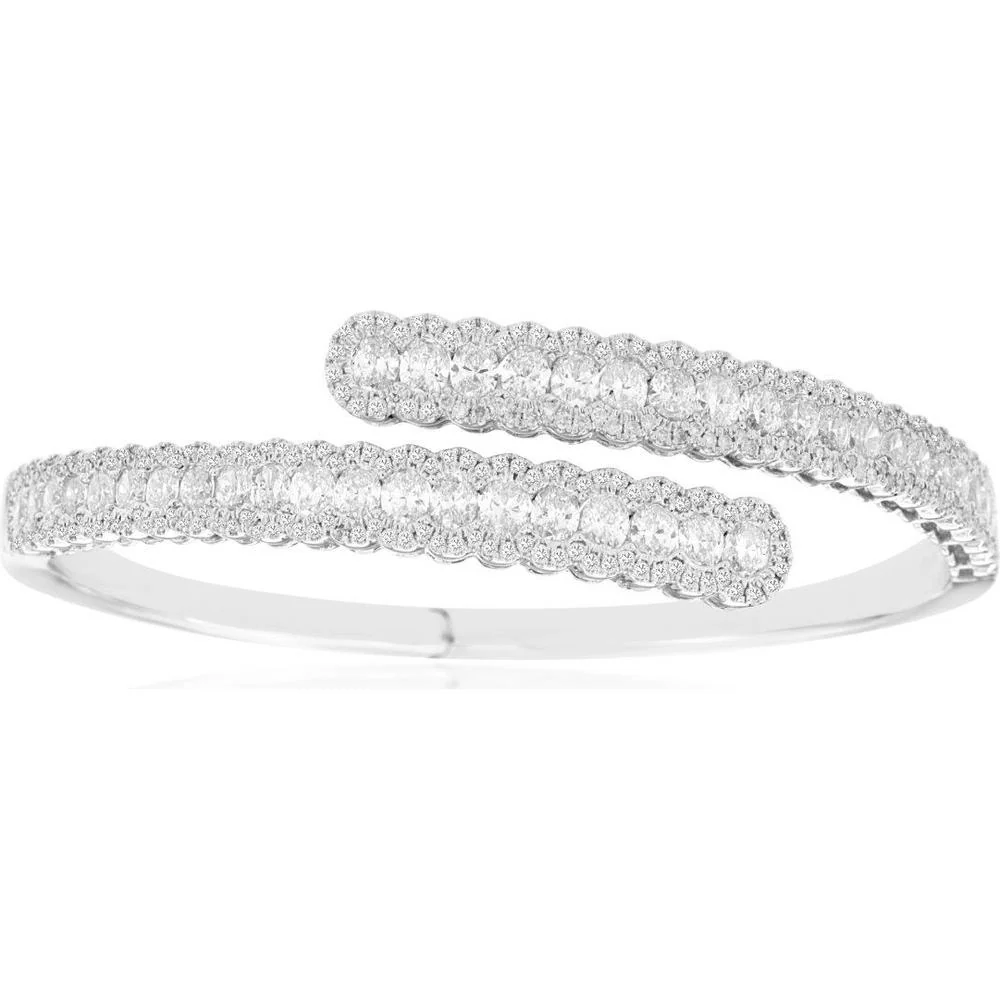14K White Gold Halo Diamond Crossover Bangle with 5.30 Carats of Round Cut Diamonds - Royal Jewelry
