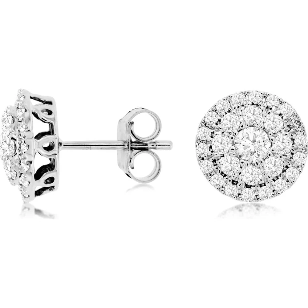 14K White Gold Halo Diamond Earrings with Round Diamonds - 0.93 Carats Total Diamond Weight - Royal Jewelry