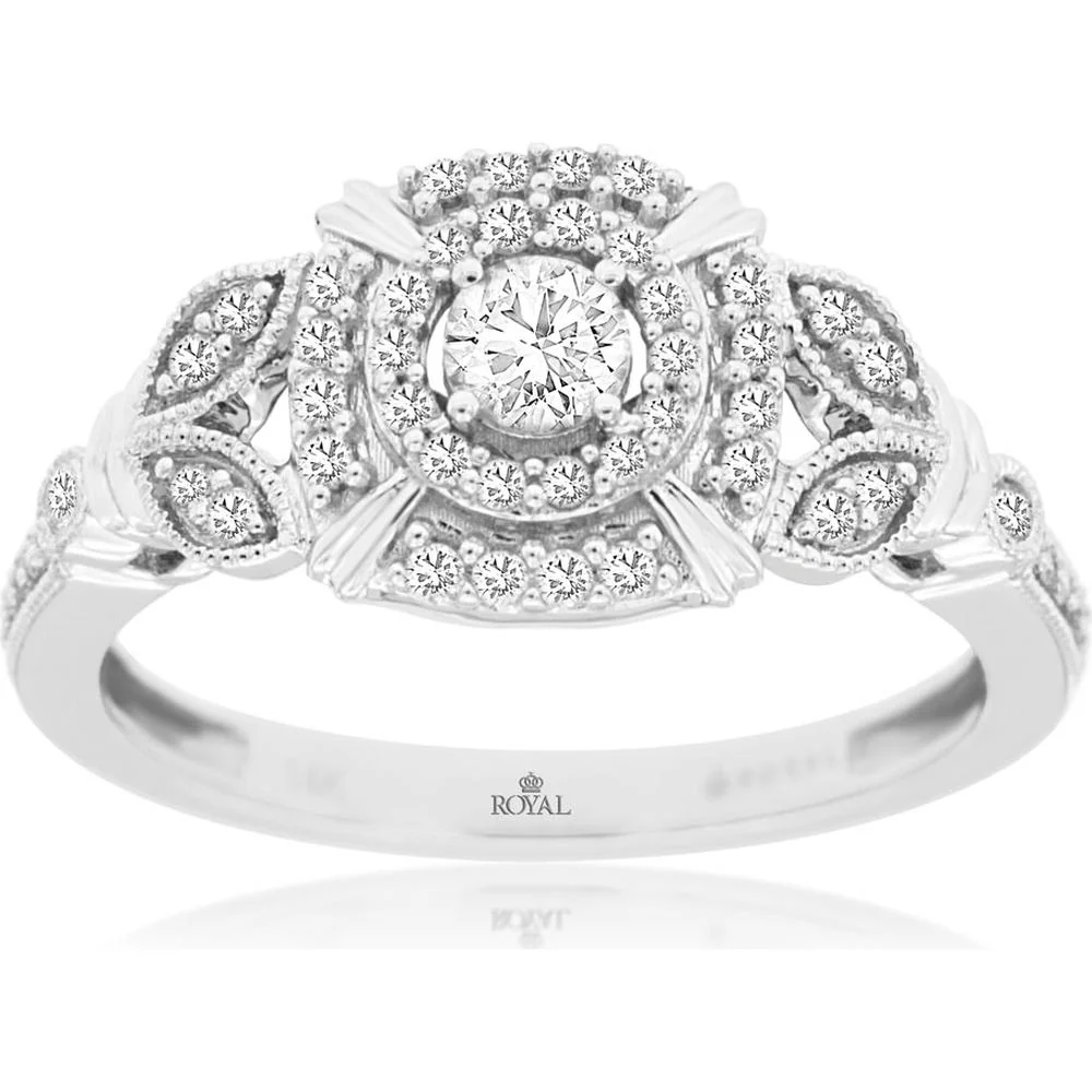 14K White Gold Halo Diamond Engagement Ring with 0.40 Carat Diamond - Royal Jewelry