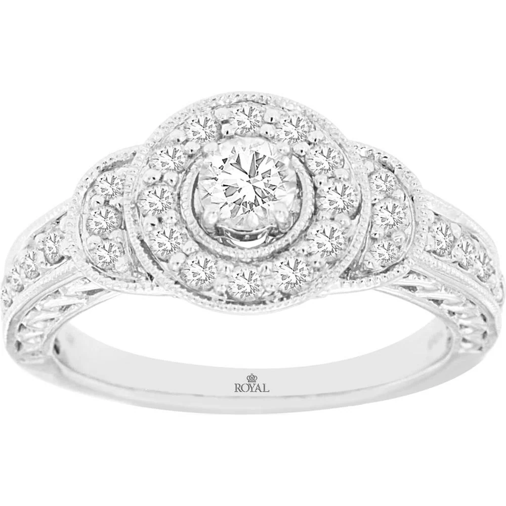 14K White Gold Halo Diamond Engagement Ring with 0.75 Carats Total Diamond Weight - Royal Jewelry
