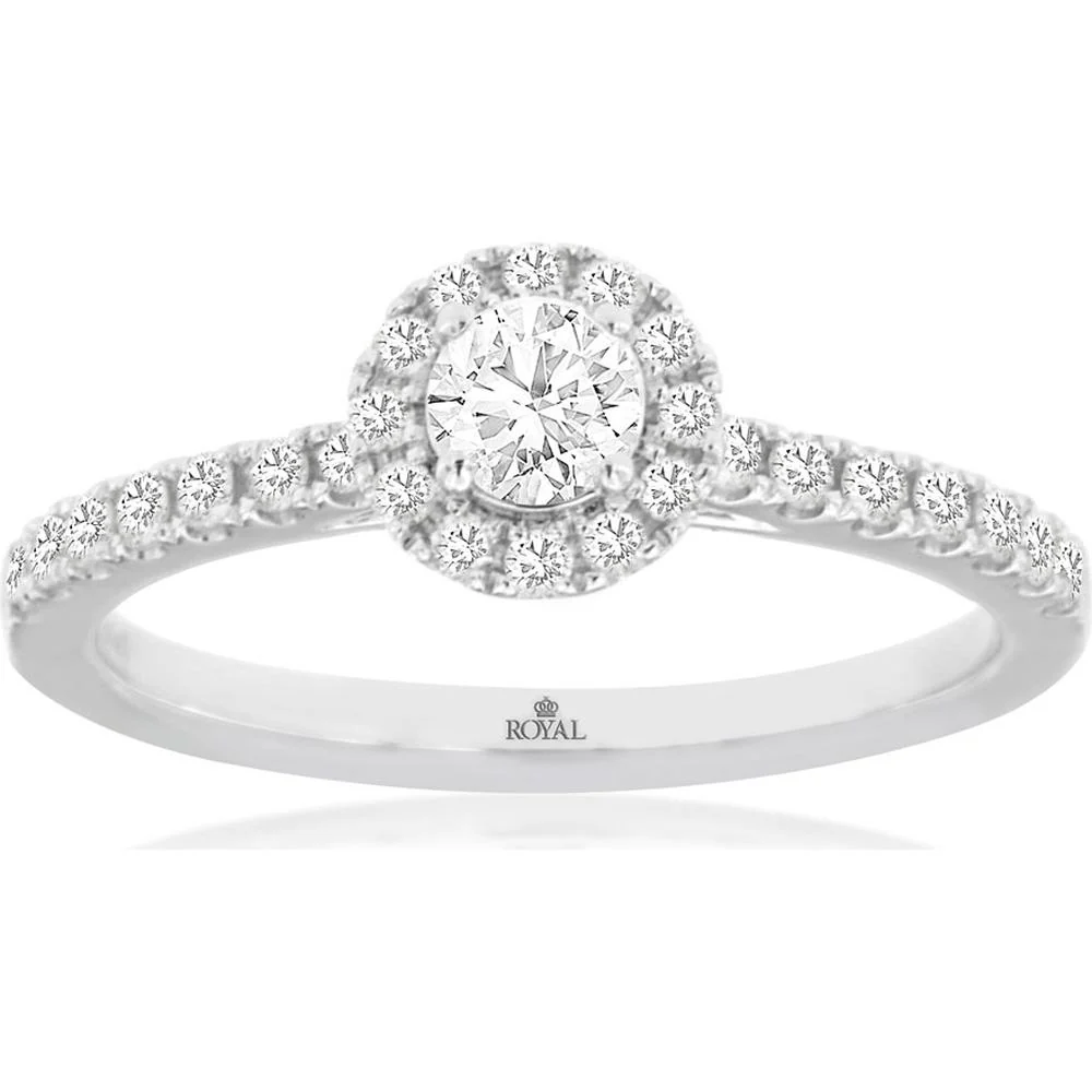14K White Gold Halo Diamond Engagement Ring with Round Center Diamond and Diamond Accent Band - 0.53 Carat Total Diamond Weight - Royal Jewelry