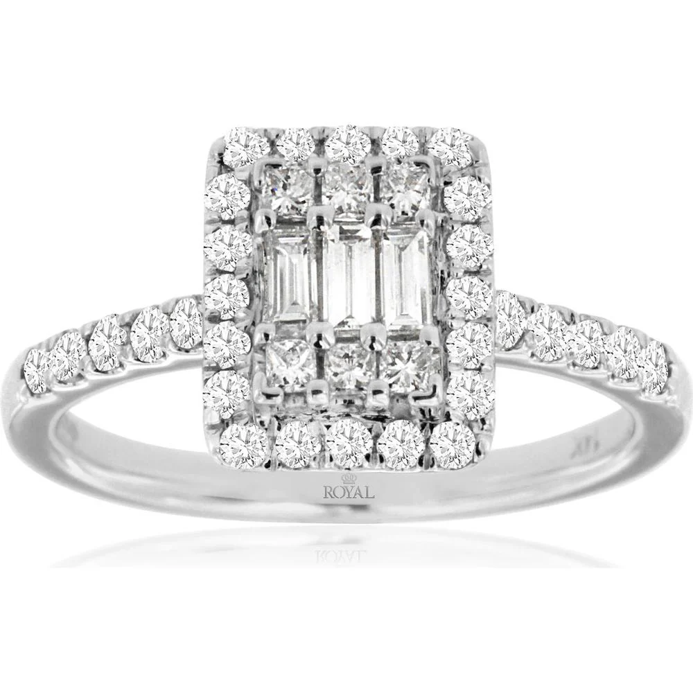 14K White Gold Halo Diamond Ring with Baguette and Round Brilliant Diamonds - 0.55 Carats Total Diamond Weight - Royal Jewelry