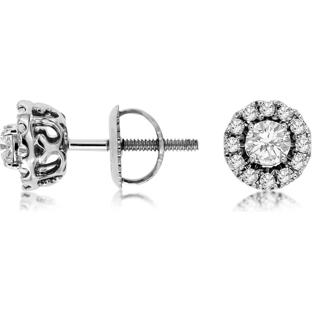 14K White Gold Halo Diamond Stud Earrings with Screw Backs - 0.50 Carat Total Diamond Weight - Royal Jewelry