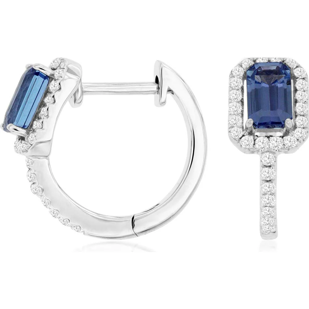 14K White Gold Halo Earrings with Emerald Cut Tanzanite and Round Diamonds - 0.64 Carat Total Tanzanite Weight, 0.21 Carat Total Diamond Weight - Royal Jewelry
