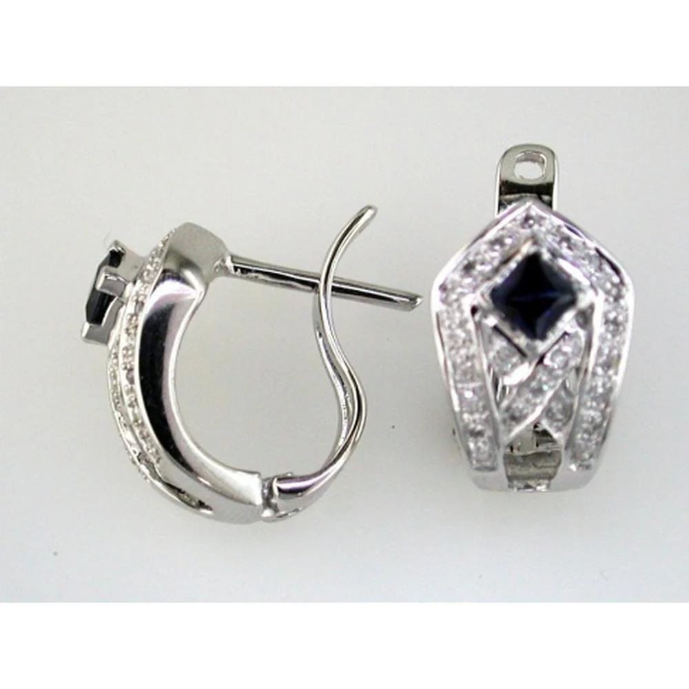 14K White Gold Halo Earrings with Princess-Cut Blue Sapphires and Round Diamonds - 0.70 Carat Total Sapphire Weight, 0.12 Carat Total Diamond Weight - Royal Jewelry