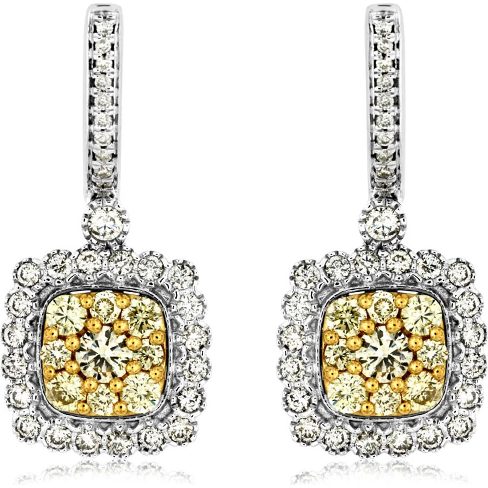 14K White Gold Halo Earrings with Yellow and White Diamonds - 1.50 Carats Total Diamond Weight - Royal Jewelry