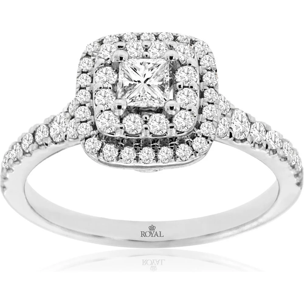 14K White Gold Halo Engagement Ring with Princess Cut Center Diamond and Round Diamond Accents - 0.78 Carat Total Diamond Weight - Royal Jewelry