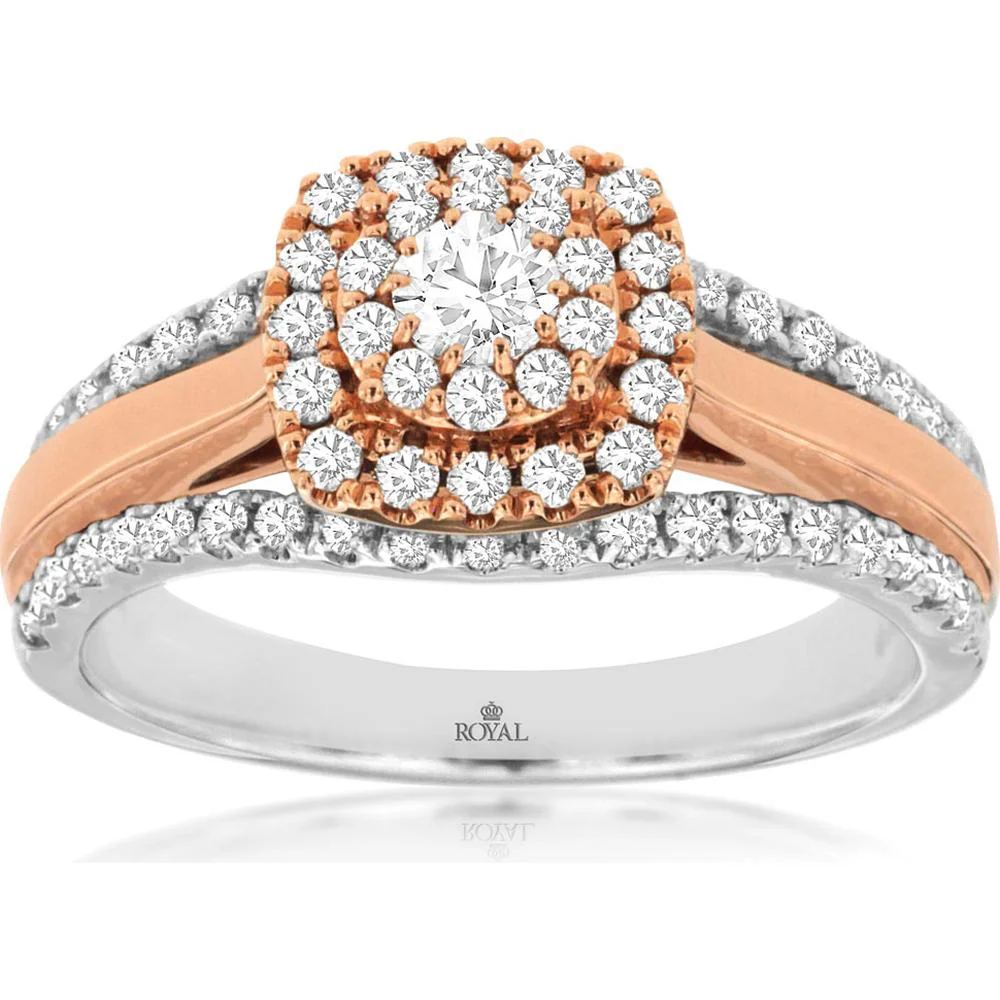 14K White Gold Halo Engagement Ring with Round Brilliant Diamonds - 0.75 Carats Total Diamond Weight - Royal Jewelry