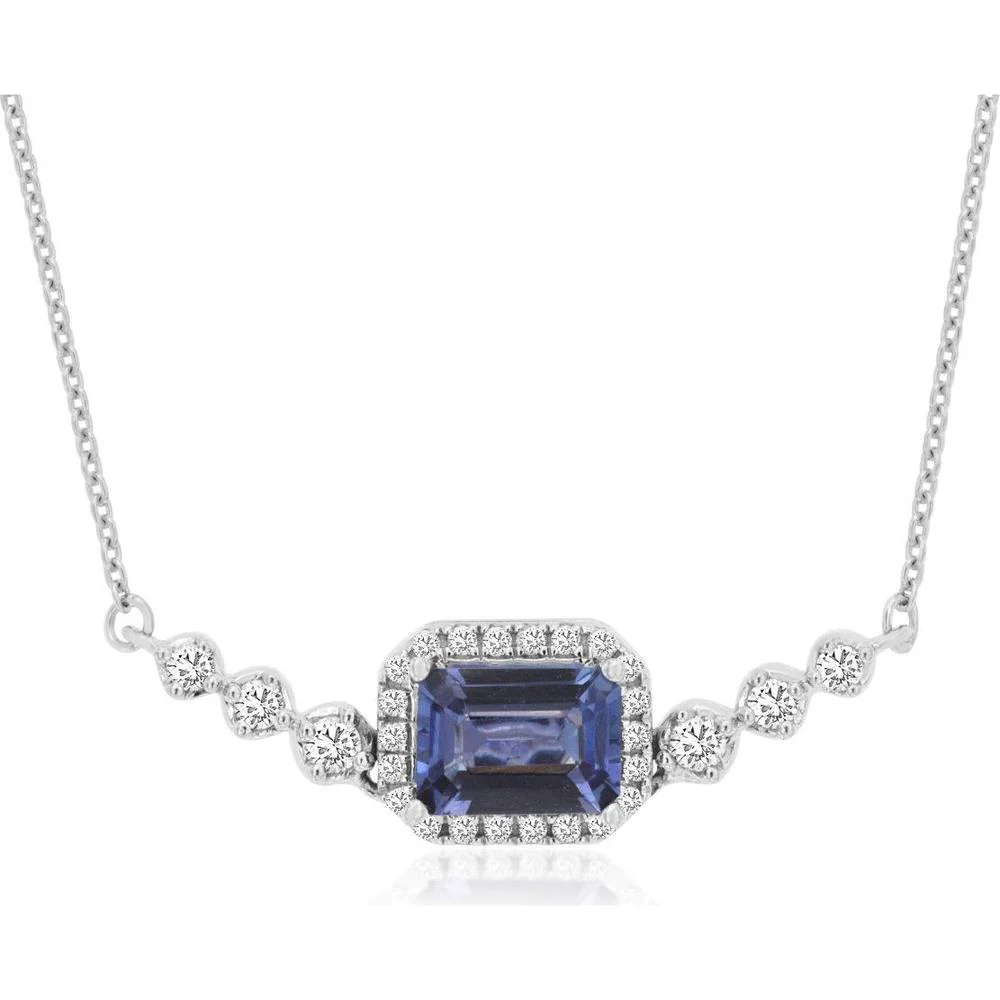14K White Gold Halo Necklace with Emerald Cut Tanzanite and Round Diamonds - 1.15 Carat Tanzanite, 0.25 Carat Total Diamond Weight - Royal Jewelry