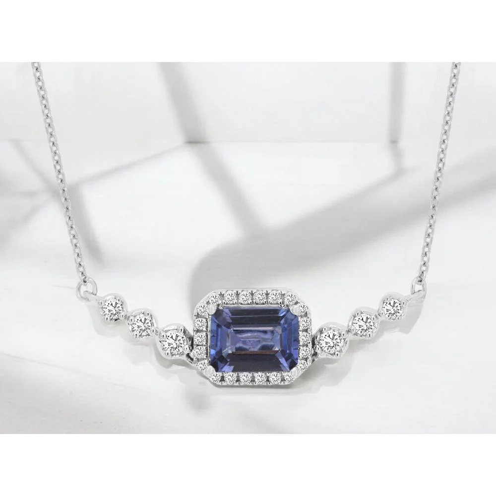 14K White Gold Halo Necklace with Emerald Cut Tanzanite and Round Diamonds - 1.15 Carat Tanzanite, 0.25 Carat Total Diamond Weight - Royal Jewelry - Image 2