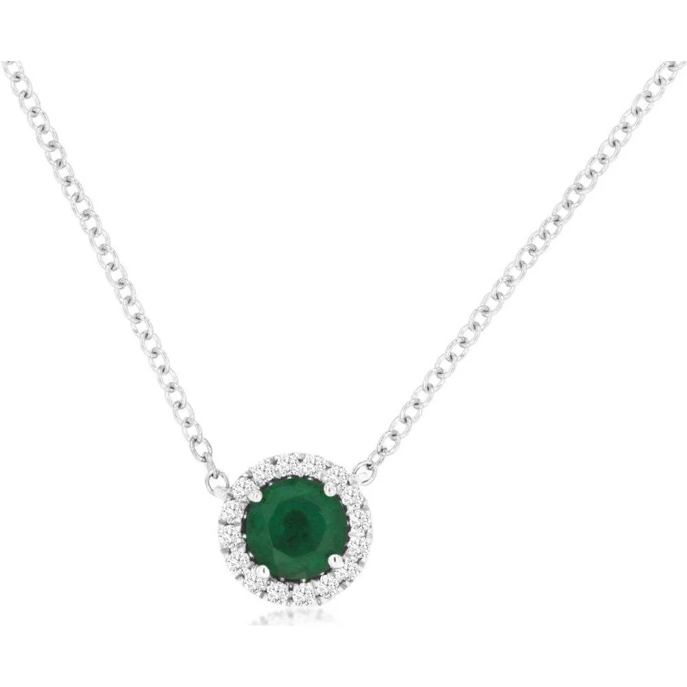 14K White Gold Halo Pendant Necklace with 0.45 Carat Round Cut Emerald and 0.10 Carat Diamond Accents - Royal Jewelry