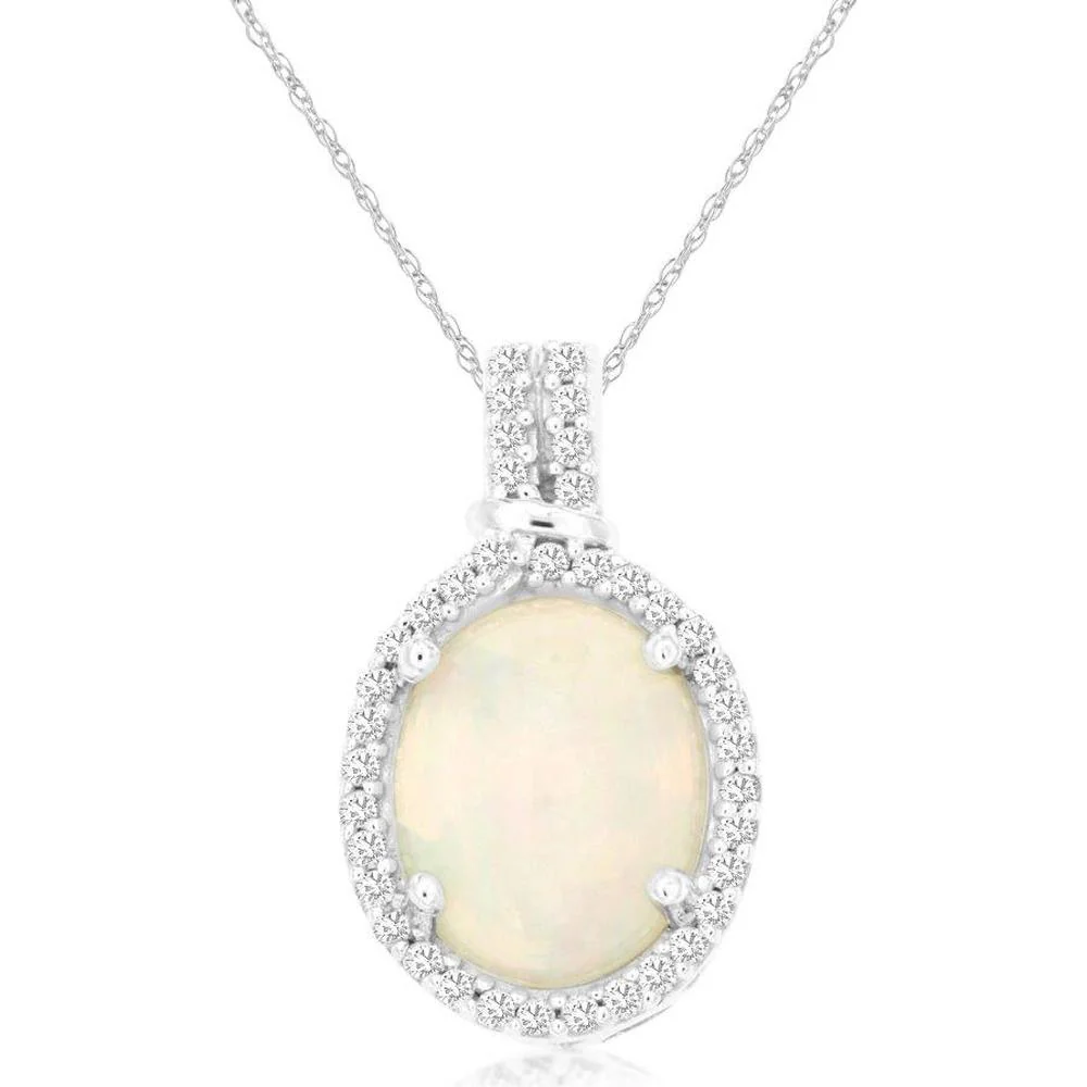 14K White Gold Halo Pendant Necklace with 1.70 Carat Oval Opal and 0.17 Carat Round Diamonds - Royal Jewelry