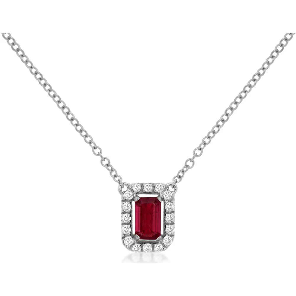 14K White Gold Halo Pendant Necklace with Emerald Cut Ruby and Round Diamonds - 0.35 Carat Ruby Total Weight and 0.11 Carat Diamond Total Weight - Royal Jewelry