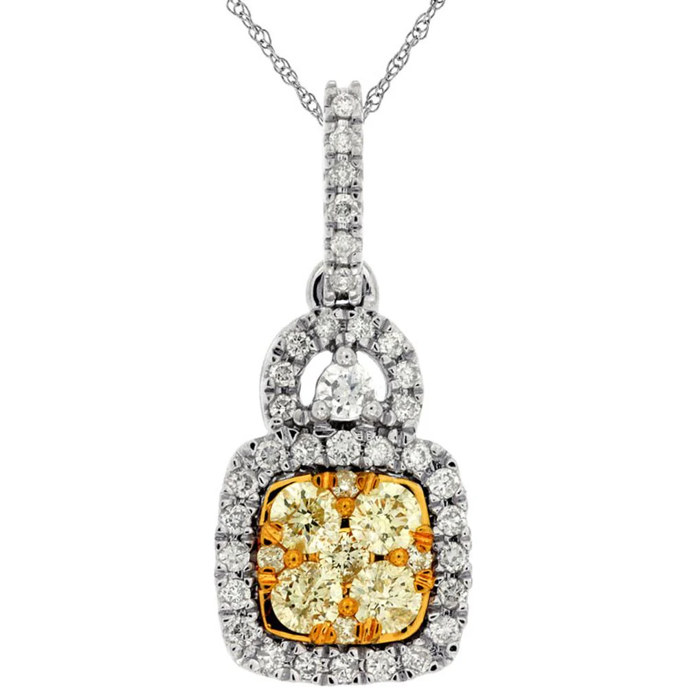 14K White Gold Halo Pendant with 0.45 Carat Yellow Diamond and 0.35 Carat White Diamonds - Royal Jewelry