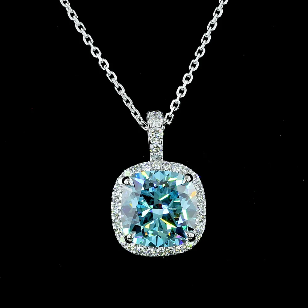 14K White Gold Halo Pendant with 2.74 Carat Cushion Modified Cut Fancy Vivid Blue Lab Diamond and 0.21 Carat Brilliant Cut Diamond Accents - IGI Certified - Covaloro Fine Jewelry - Image 2