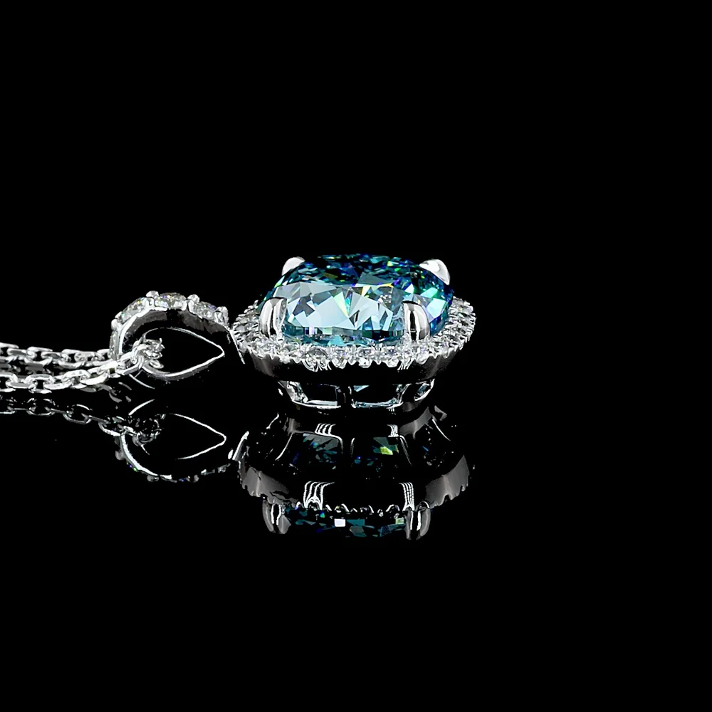 14K White Gold Halo Pendant with 2.74 Carat Cushion Modified Cut Fancy Vivid Blue Lab Diamond and 0.21 Carat Brilliant Cut Diamond Accents - IGI Certified - Covaloro Fine Jewelry - Image 3