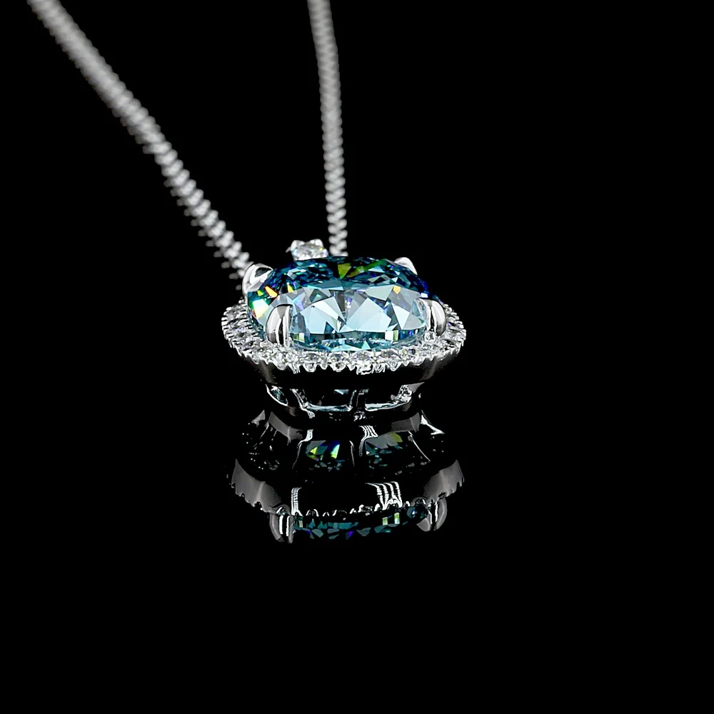 14K White Gold Halo Pendant with 2.74 Carat Cushion Modified Cut Fancy Vivid Blue Lab Diamond and 0.21 Carat Brilliant Cut Diamond Accents - IGI Certified - Covaloro Fine Jewelry - Image 4